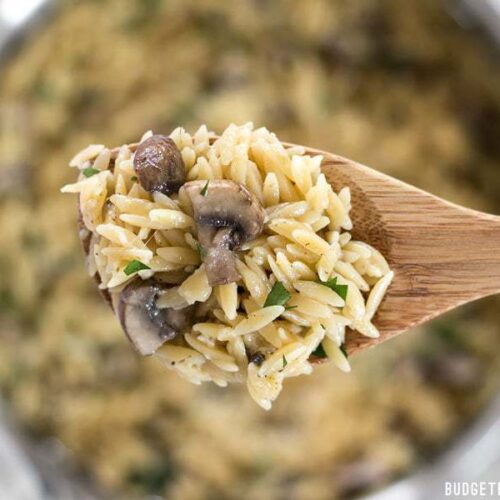 A spoon in a bowl of parmesan portobello orzo.