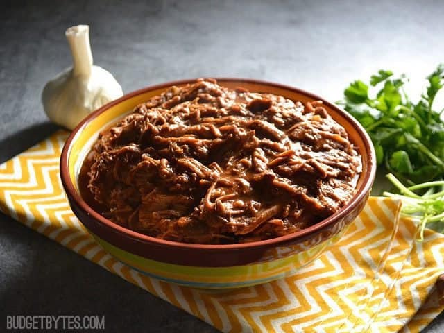 Saucy southwest shredded beef served on a bowl.