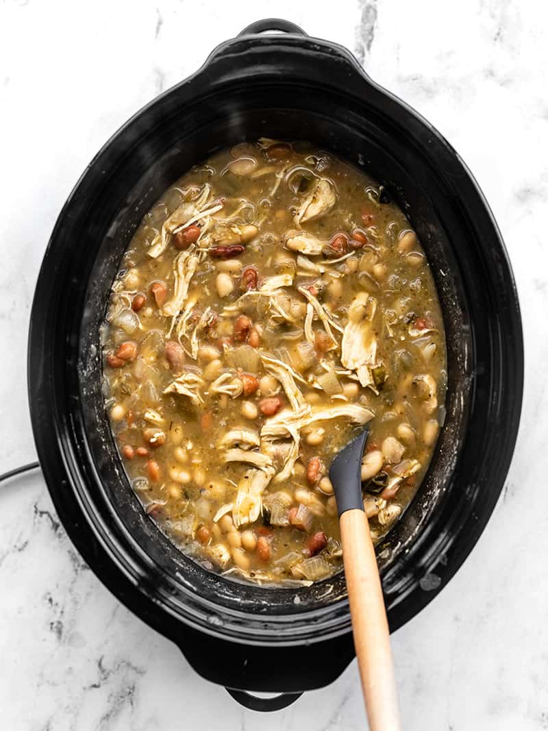 Overhead view of Slow Cooker White Chicken Chili in the slow cooker