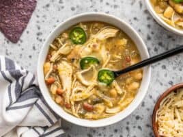 Close up overhead view of a bowl full of slow cooker white chicken chili