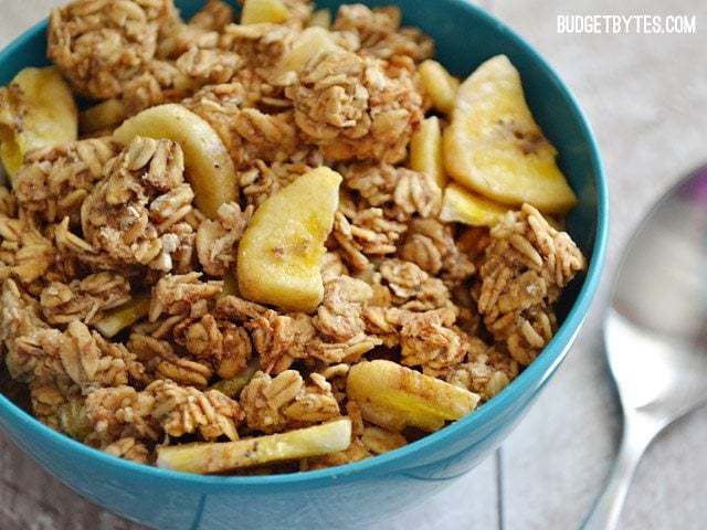 A close-up of banana nut granola in a bowl.