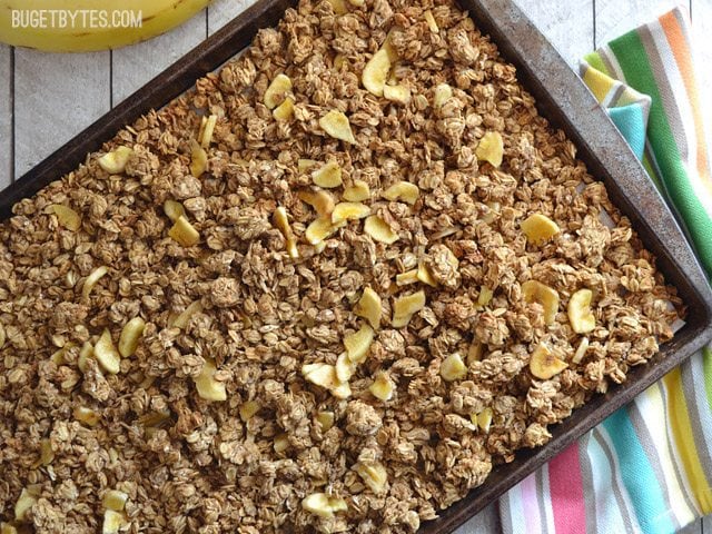 Banana Nut Granola on baking sheet cooling 