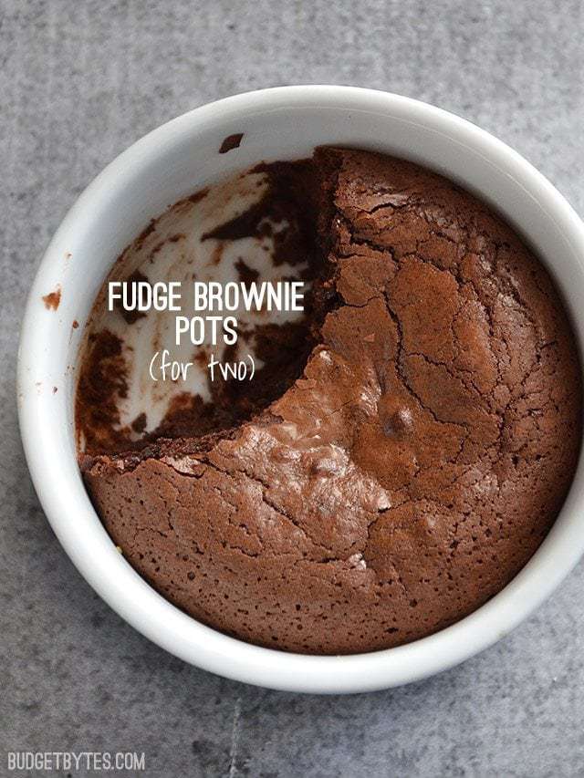 Top view of a Fudge Brownie Pot with a couple of spoonfuls taken out 