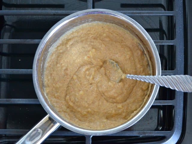 Mixed wet ingredients, heated and stirred together in pot 