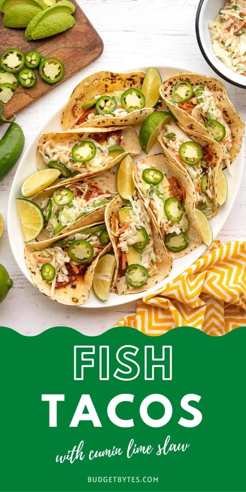 Fish tacos on a platter, title text at the bottom in green