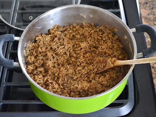 Fluffed Mujaddara in pot on stove top 