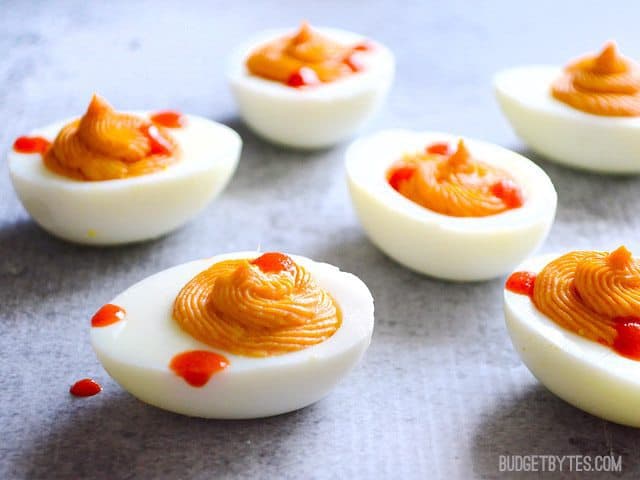 Side view of Sriracha Deviled Eggs 