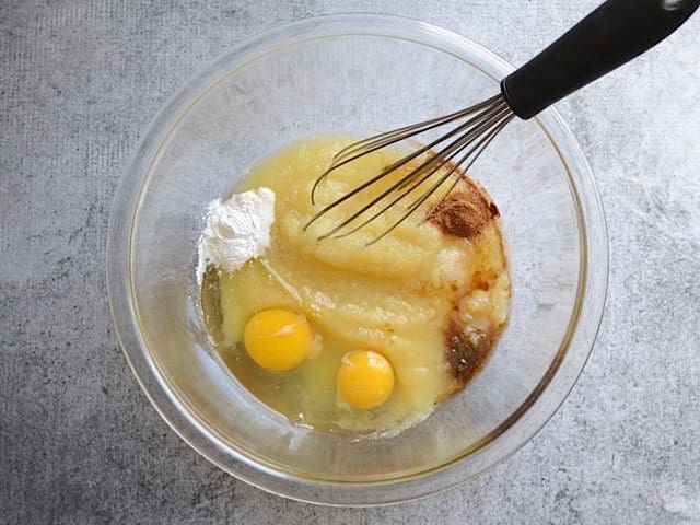 Wet Ingredients in mixing bowl with whisk 