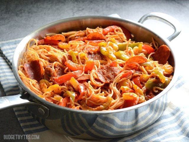 Pan of Three Pepper Pasta sitting on stripped napkin 