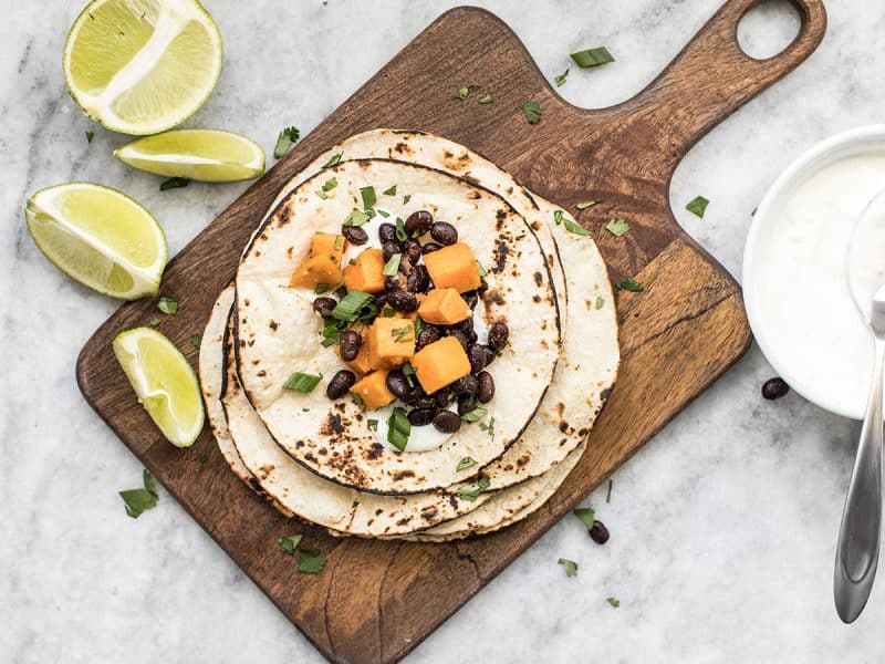 Sweet Potato Tacos Finished on a wooden cutting board