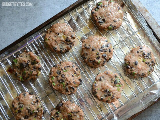 Baked Black Bean Turkey Burgers on the baking sheet