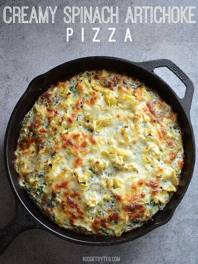 Creamy Spinach Artichoke Pizza - BudgetBytes.com