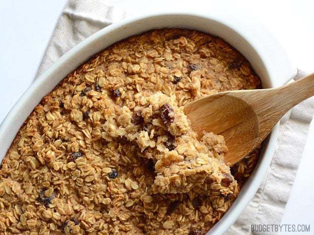 A close-up of baked oatmeal with oatmeal cookie flavors.