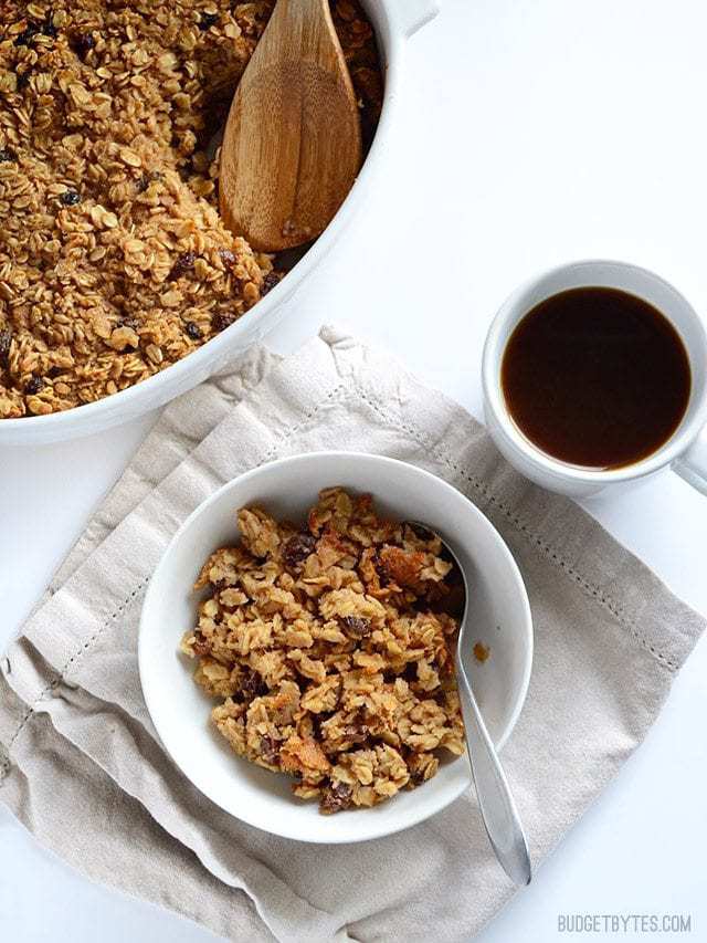 "Oatmeal Cookie" Baked Oatmeal served into a bowl, mug of coffee on the side