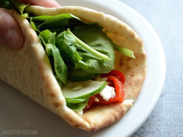 A wrap filled with roasted red pepper hummus and greens.