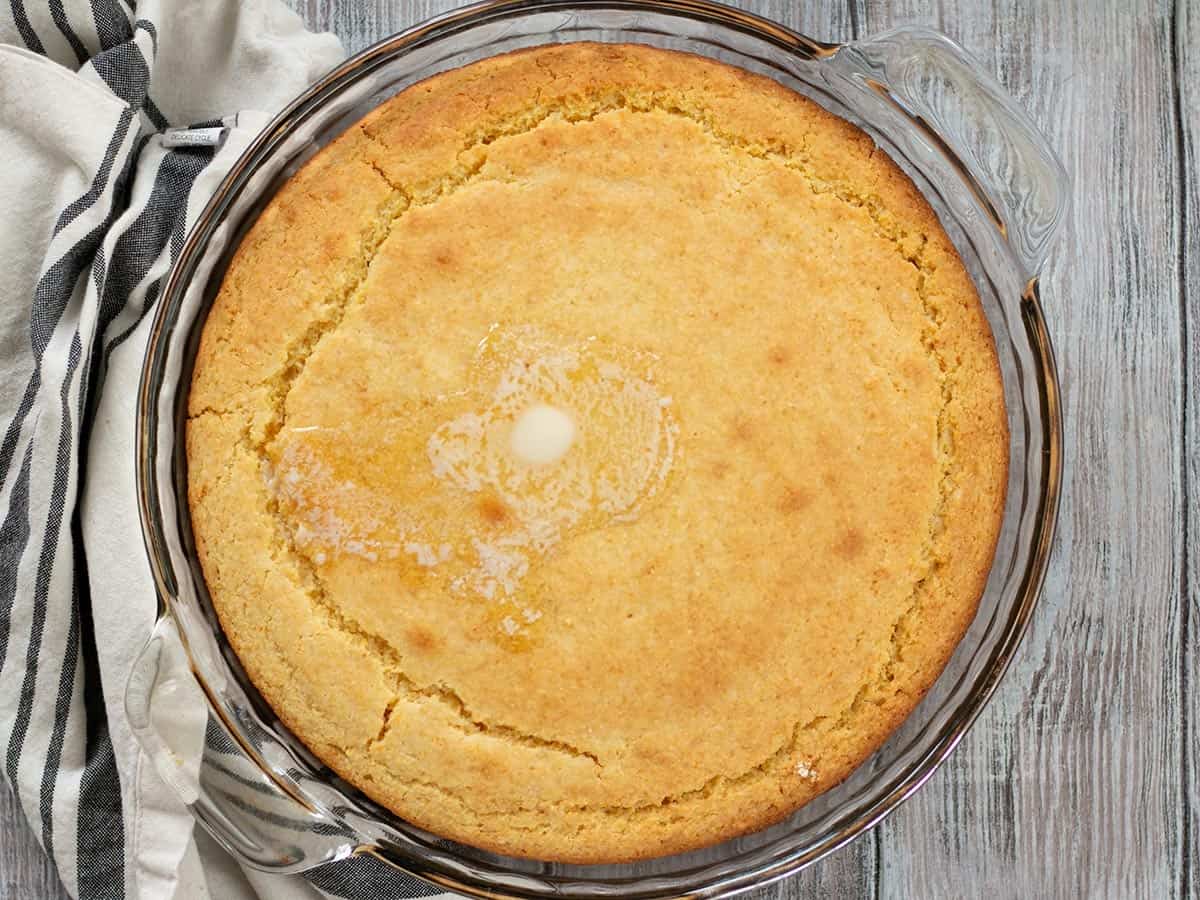 Baked cornbread in the baking dish.