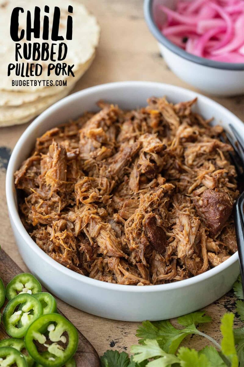 Slow Cooker Chili Rubbed Pulled Pork in a bowl, viewed from the front