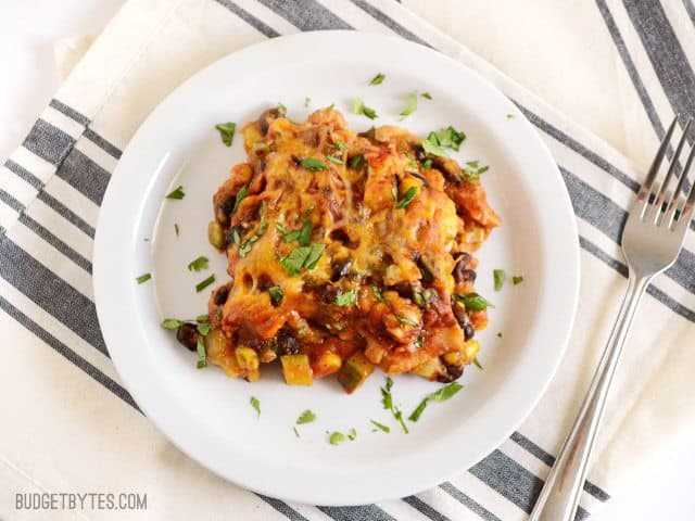 Overhead view of one serving of Vegetable Enchilada Casserole on a plate