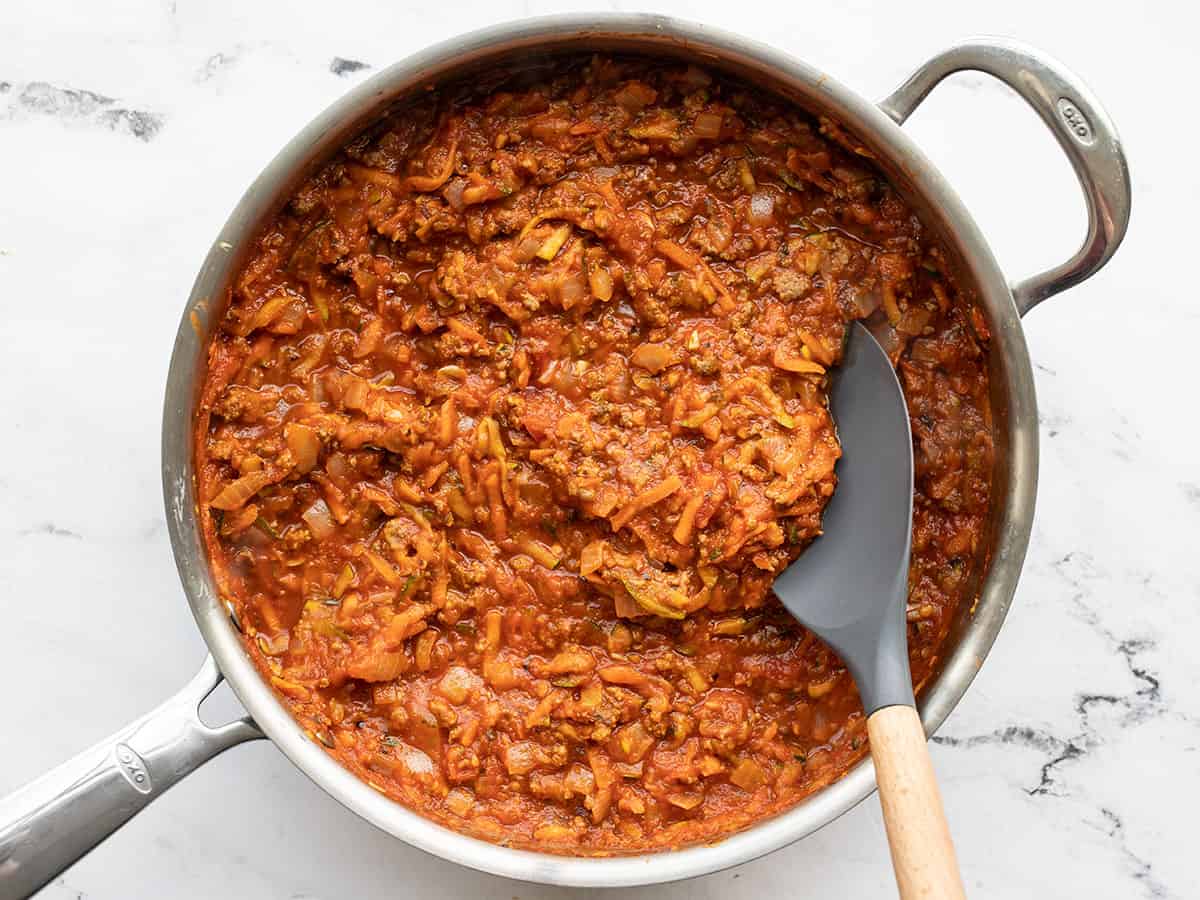 Simmered hidden vegetable pasta sauce in the skillet