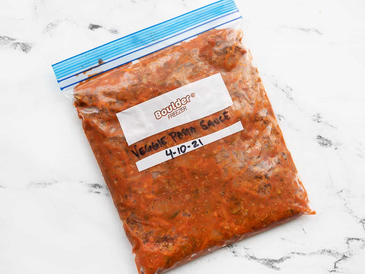 Pasta sauce in a freezer bag