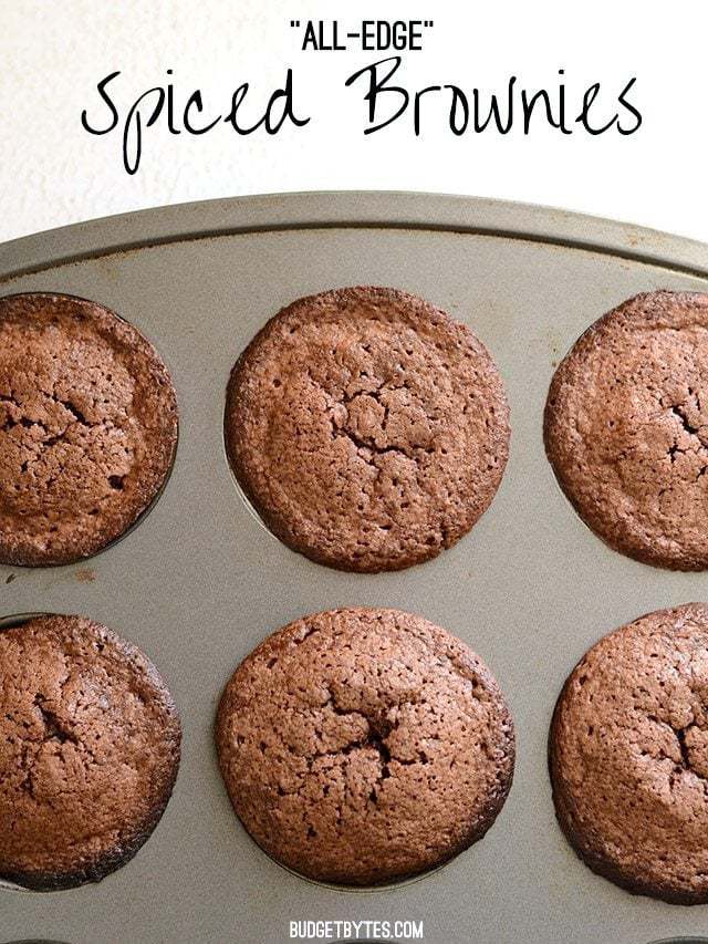 Overhead view of brownies in the muffin tin, title text at the top