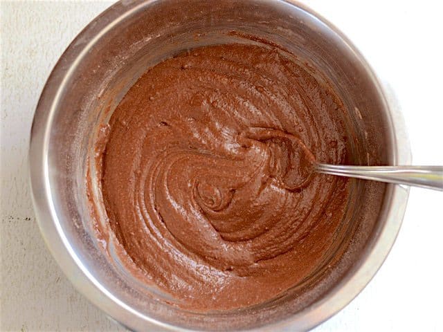 Stirred Brownie Batter in a metal bowl