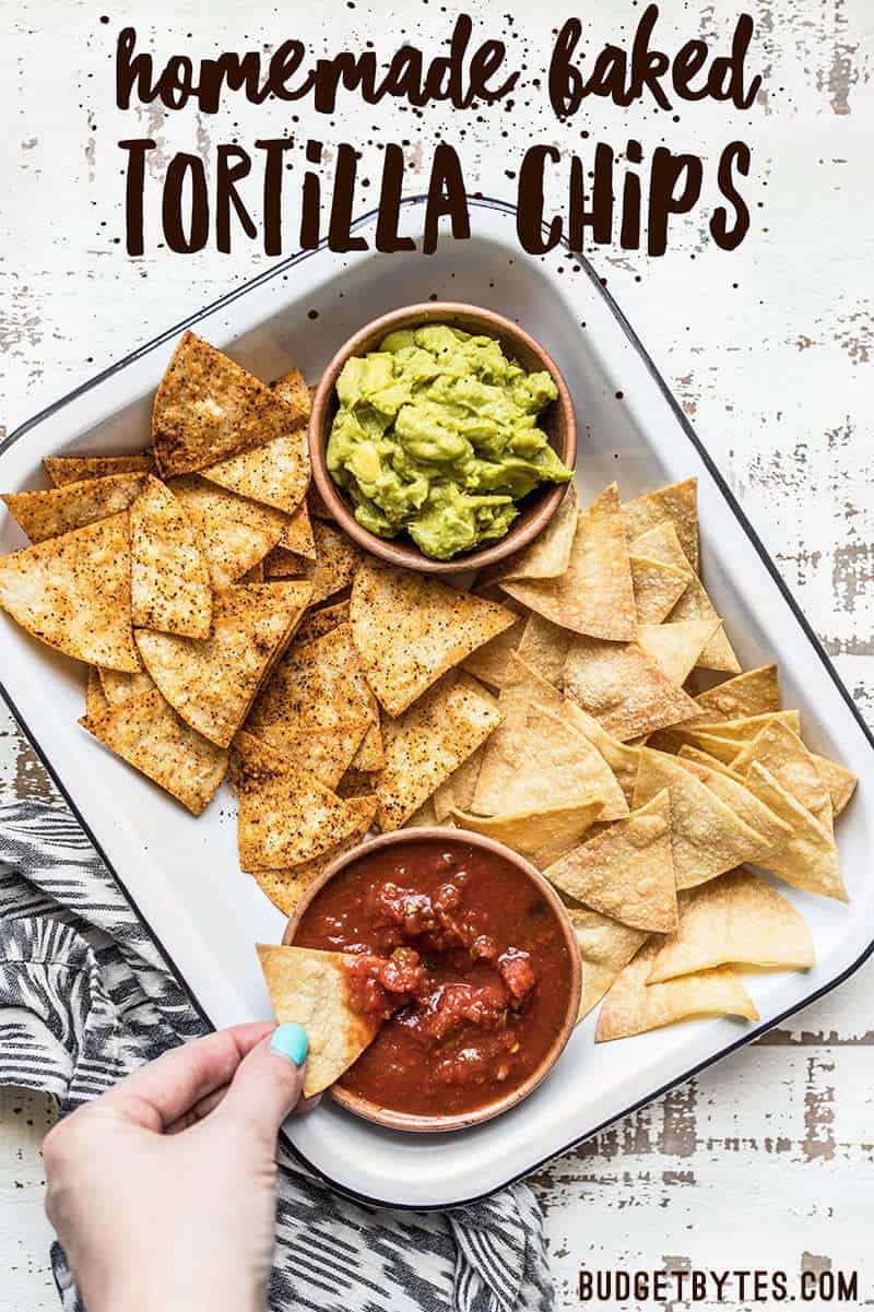 These Homemade Baked Tortilla Chips are fast, easy, super crunchy, a great way to use up leftover tortillas, and a great alternative to store bought chips. Budgetbytes.com