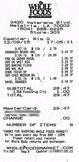 Whole Foods Receipt 12-9