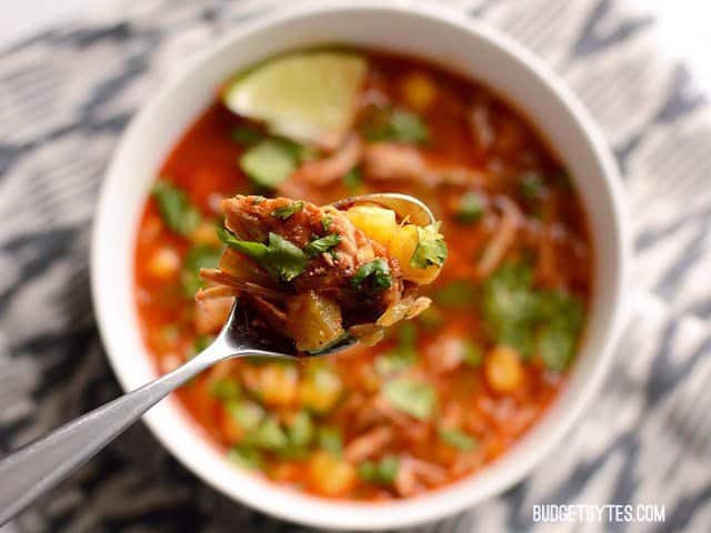 Close up of a spoonful of 30 Minute Posole.