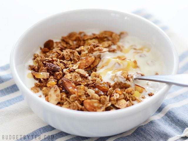 A front view of gingersnap granola in a bowl.