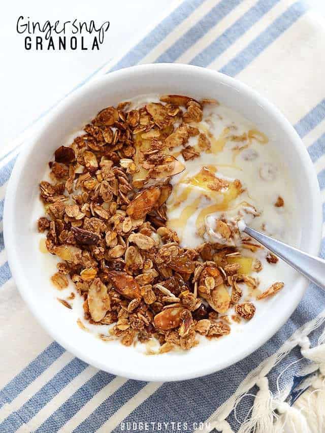 Overhead view of a bowl of yogurt topped with Gingersnap Granola and a drizzle of honey.