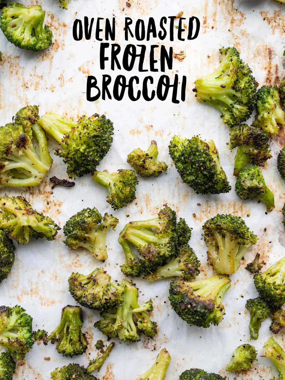 roasted frozen broccoli florets on a sheet pan