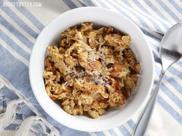 Banana coconut baked oatmeal served in a bowl.