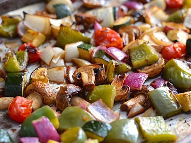 Broiled Balsamic Vegetables close up on the baking sheet