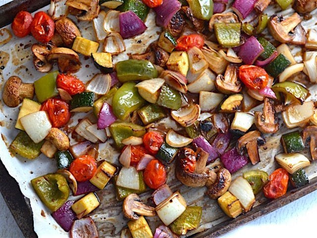 Colorful Broiled Balsamic Vegetables on the baking sheet, overhead