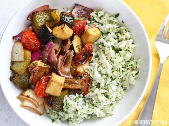 Broiled balsamic vegetables with lemon parsley rice.