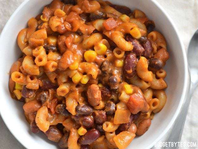 Close up overhead view of a bowl full of vegetarian chili mac and cheese