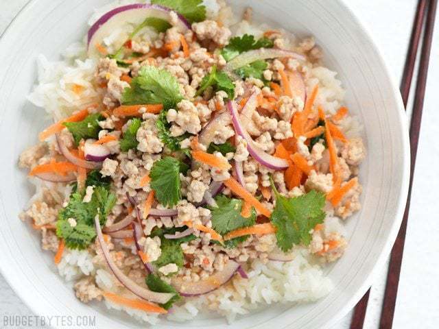 Close-up of Nam Sod served in a bowl.