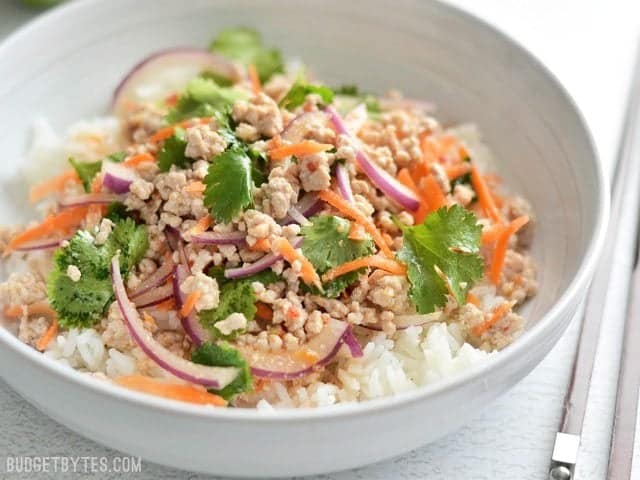 close up side view of a bowl of nam sod (Thai Pork Salad) over a bed of rice, chopsticks on the side