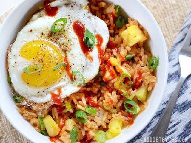 Close-up of pineapple Sriracha breakfast bowl.