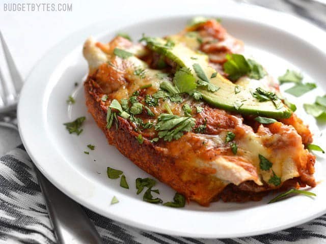 Two bean and cheese enchiladas on a white plate, sitting on a black and white cloth napkin.