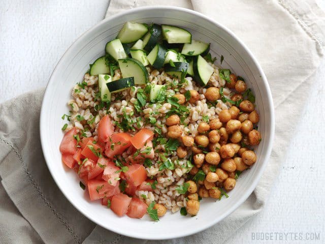 Assembled Farro and Vegetables in a bowl