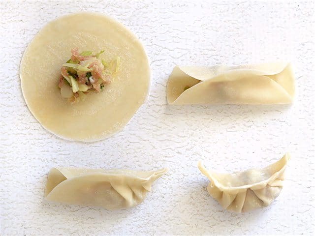 Fill and Fold Gyoza demonstrated in four steps with four wonton wrappers.