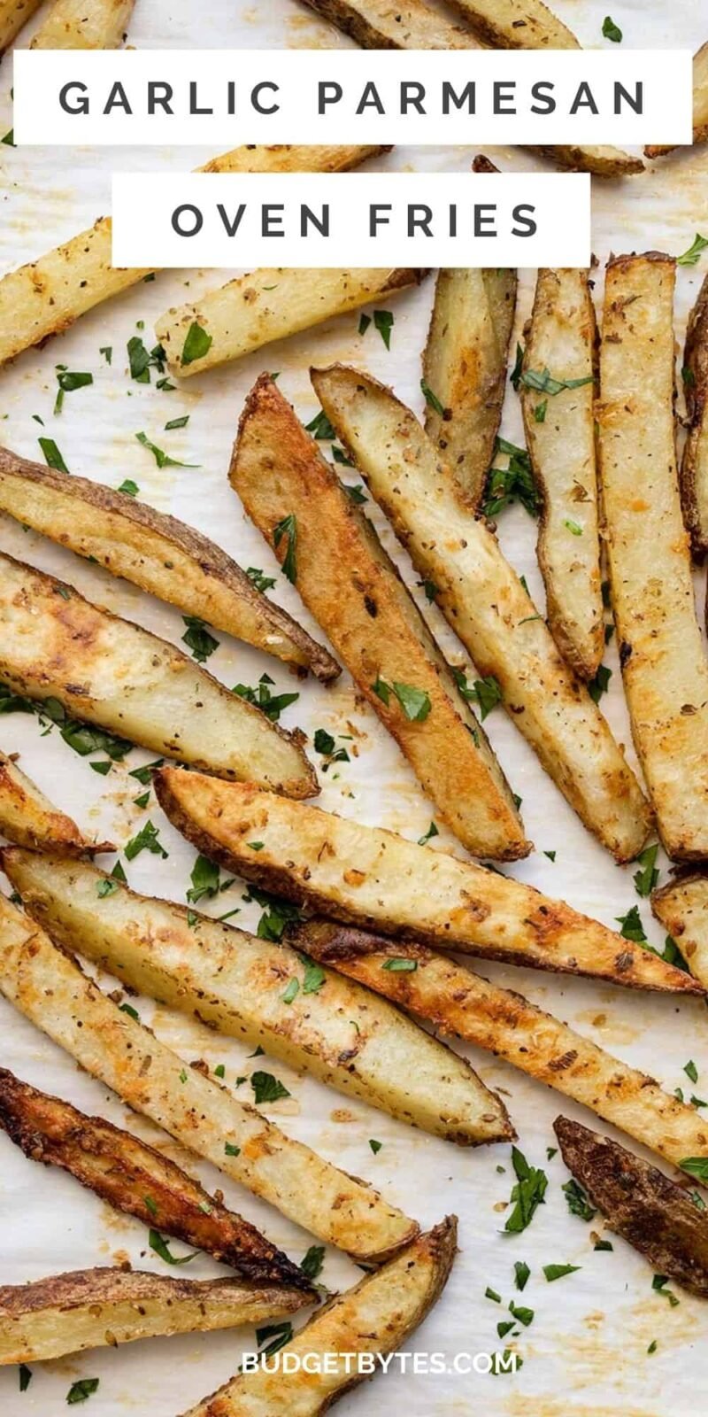 close up of garlic parmesan fries on baking sheet, title text at the top