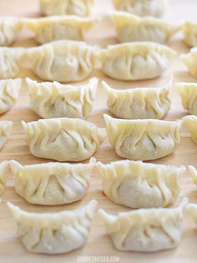 Uncooked pork gyoza lined up on a wooden cutting board, ready to be cooked or frozen.