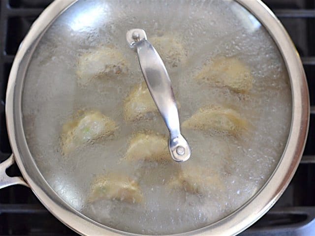 Lid on the skillet to steam the gyoza