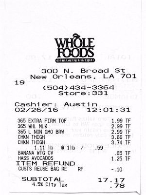 Whole Foods Receipt 2-26-16