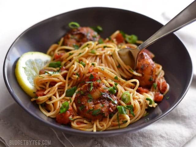 Front view of a bowl of Blackened Shrimp Pasta 