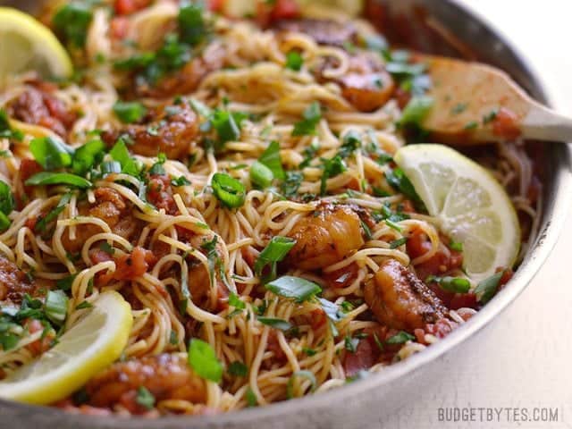 Side view of Blackened Shrimp Pasta in the skillet