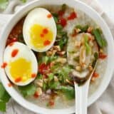 Close-up of instant pot congee served in a bowl.